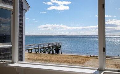 Spring  Ocean Landscape with Pier through window view 