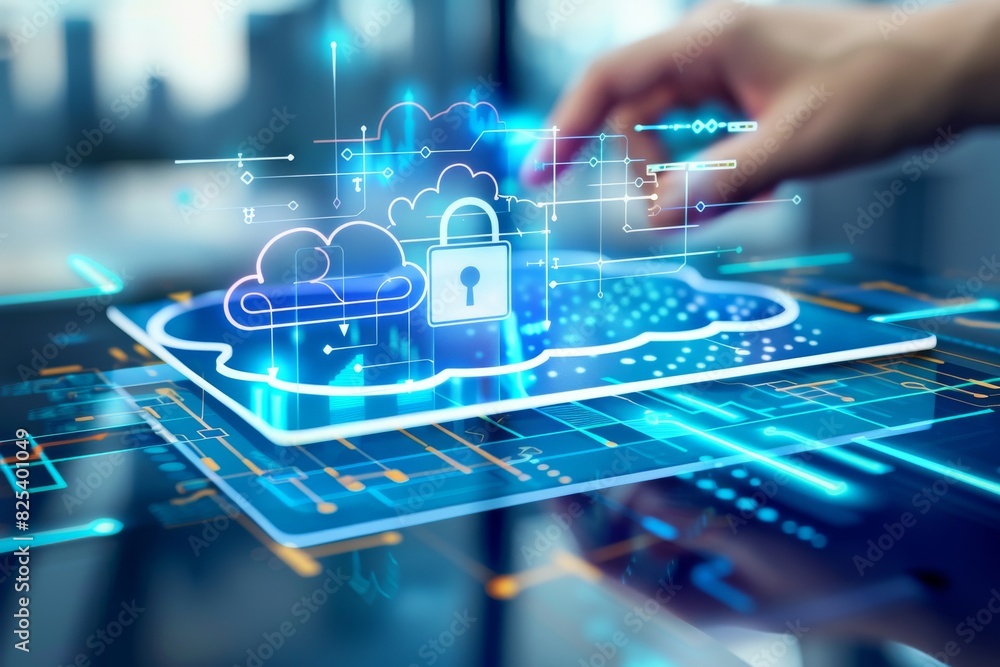 Canvas Prints Innovative cloud security with advanced data protection and glowing blue circuitry, highlighted by blue and green elements and a tech themed design