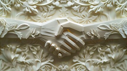 Two hands clasping in a firm handshake, surrounded by intricate floral patterns, symbolizing strength and connection in a beige tone.