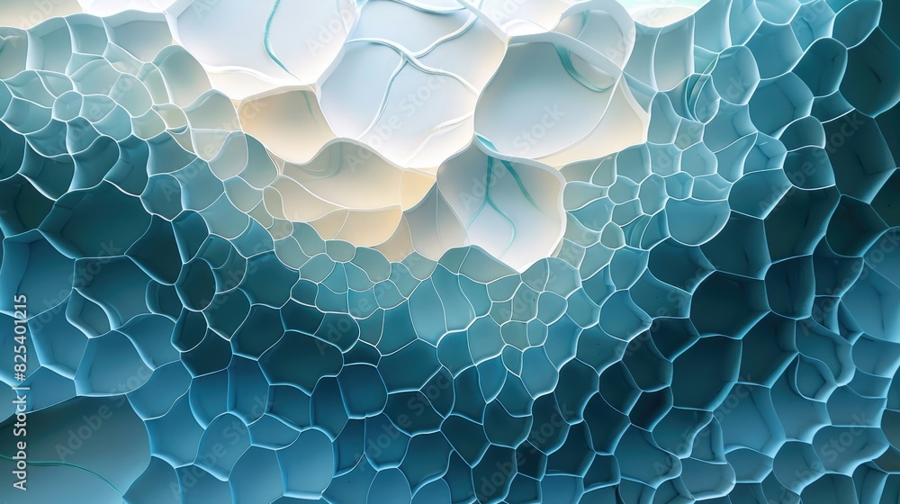 Poster a layered pattern of hexagonal shapes in various shades of blue and white, resembling an abstract ce