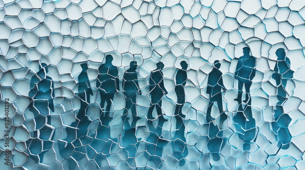 Poster silhouettes of people standing behind a mosaic of hexagonal shapes, creating a fragmented and artist