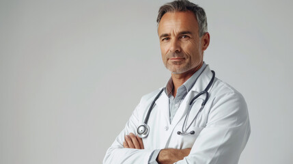 Portrait of a confident doctor with a stethoscope, arms crossed, wearing a white coat against a neutral background.
