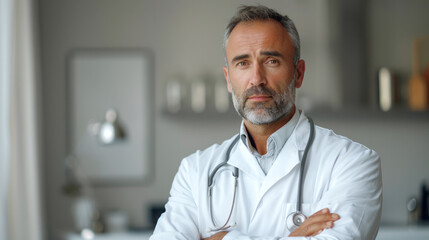 Portrait of a confident doctor with a stethoscope, arms crossed, wearing a white coat against a neutral background.
