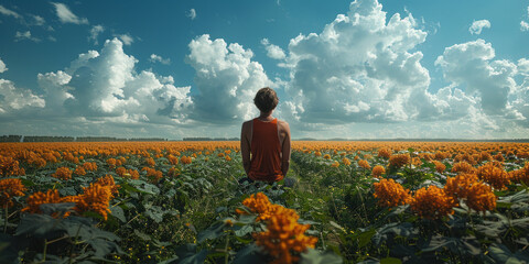 Fototapeta premium man in strapless shirt, red t-shirt, in a large soybean field,generative ai