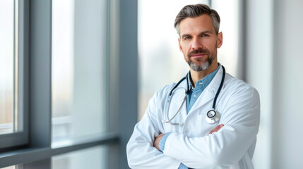 Portrait of a confident doctor with a stethoscope, arms crossed, wearing a white coat against a neutral background.
