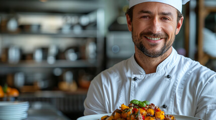 A smiling chef in a white uniform proudly presenting a colorful, delicious dish in a professional kitchen setting.
