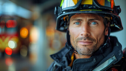 Portrait of a dedicated rescue worker wearing protective gear, ready for action, with a blurred emergency background.

