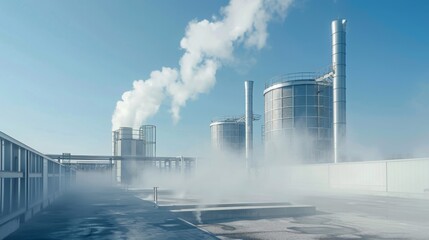 Smoke rises from the chimneys of an industrial plant under a clear blue sky. The facility has multiple large tanks, pipes, and smokestacks.