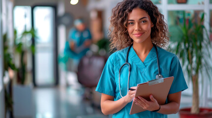 Portrait of a smiling nurse holding a clipboard in a hospital hallway, wearing blue scrubs and a stethoscope.
