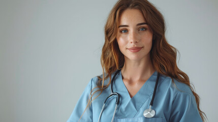 Portrait of a smiling nurse holding in a hospital hallway, wearing blue scrubs and a stethoscope.