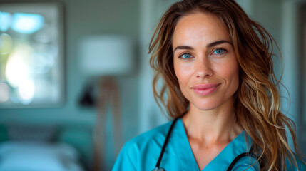 Portrait of a smiling nurse holding in a hospital hallway, wearing blue scrubs and a stethoscope.