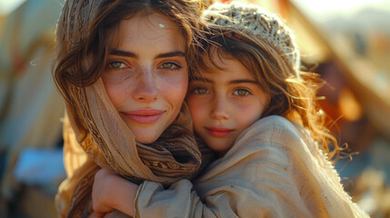 Close-up portrait of a mother and daughter wrapped in shawls, embracing each other with warm, loving expressions.

