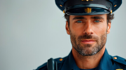 Portrait of a confident police officer with blue eyes and a beard, wearing a uniform and hat, standing indoors with a blurred grey background.

