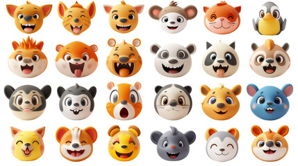 Fototapeta premium set of animals face emoji stickers, png transparent background