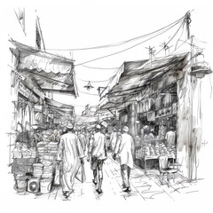 Detailed sketch of a bustling traditional market street in Marrakech, with people walking and stalls displaying various goods under makeshift awnings.
