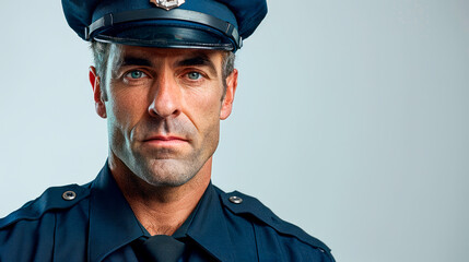 Portrait of a confident police officer with blue eyes and a beard, wearing a uniform and hat, standing indoors with a blurred grey background.
