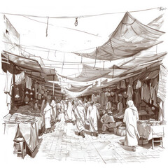 Detailed sketch of a bustling traditional market street in Marrakech, with people walking and stalls displaying various goods under makeshift awnings.
