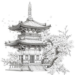 A sketch of a traditional Japanese pagoda temple surrounded by cherry blossoms, showing the beauty of architecture and nature. In black and white monochrome.