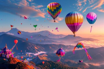 Fototapeta premium : A breathtaking view of a mountain landscape at dawn, with vibrant, colorful balloons and kites soaring in the sky, symbolizing the joy and festivity of Eid al-Adha.