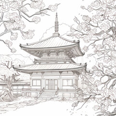A sketch of a traditional Japanese pagoda temple surrounded by cherry blossoms, showing the beauty of architecture and nature. In black and white monochrome.