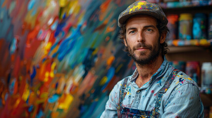 Portrait of a male artist in his studio, surrounded by vibrant colors and creative artwork, showcasing his passion for painting