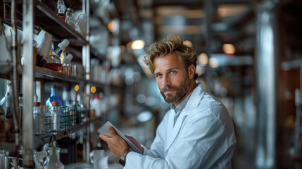 Portrait of a confident engineer with blue eyes and a beard, wearing a white lab coat in a modern laboratory setting.
