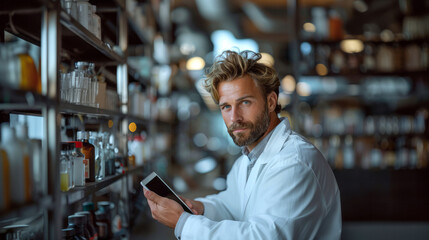 Portrait of a thoughtful engineer in a modern laboratory, wearing a white lab coat and surrounded by blurred scientific equipment.