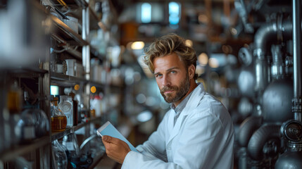 Portrait of a thoughtful engineer in a modern laboratory, wearing a white lab coat and surrounded by blurred scientific equipment.