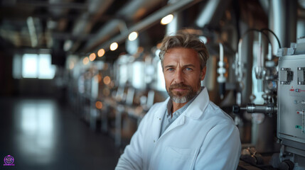 Fototapeta premium Portrait of a thoughtful engineer in a modern laboratory, wearing a white lab coat and surrounded by blurred scientific equipment.