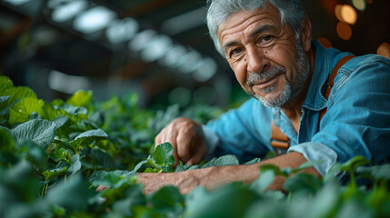 older uncle, the senior takes care of the cucumbers in the greenhouse