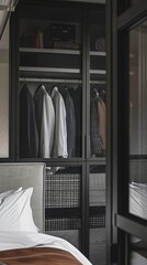 Elegant mockup frame in a grey hotel bedroom featuring a bed and clothes in the wardrobe (selective focus, hospitality aesthetics, futuristic, Overlay, high-end hotel backdrop)