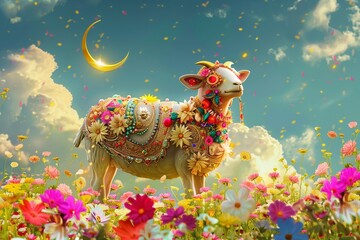 Obraz premium : A lively Eid al-Adha Mubarak background displaying a beautifully decorated sacrificial lamb in a field of colorful flowers, with a radiant, golden crescent moon in the sky.