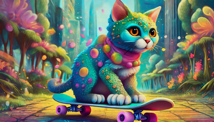 oil painting style cartoon character illustration Multicolored a cute baby cat rides a skateboard along a city street