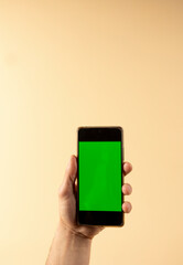 Person holding a smartphone with green screen
