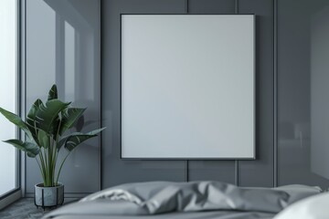 Elegant mockup frame on a grey wardrobe with glossy sliding doors in a minimalist bedroom (selective focus, contemporary decor, futuristic, Overlay, trendy bedroom backdrop)