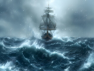 Ocean Ship Sailing Amidst Waves and Storm