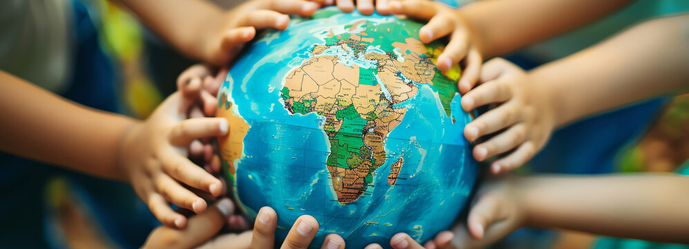 planisphere with children hands, AI generated