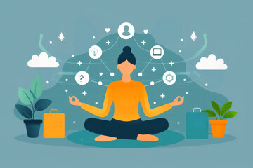 Illustration of a person meditating, surrounded by icons representing ideas and connections, promoting mindfulness and creativity.
