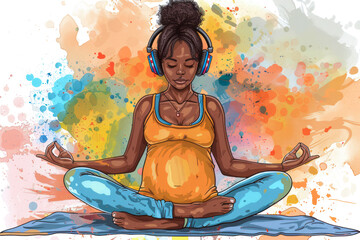 Illustration of a pregnant black  woman meditating with headphones on, surrounded by colorful splashes, promoting calm and mindfulness.
