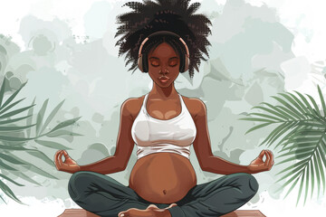  Illustration of a pregnant black woman meditating with headphones, sitting in a serene environment with green leaves.
