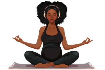 Illustration of a pregnant woman meditating with headphones, sitting in a serene environment with green leaves.
