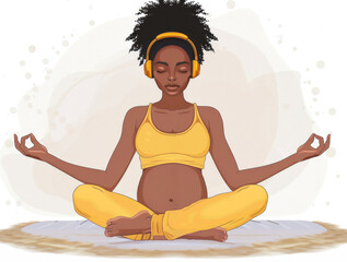 Illustration of a pregnant woman meditating with headphones, sitting in a serene environment with green leaves.
