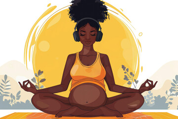 Illustration of a pregnant woman meditating with headphones, sitting in a serene environment with green leaves.
