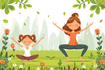 Illustration of a mother and daughter meditating together outdoors doing yoga, surrounded by green leaves and plants, enjoying nature.