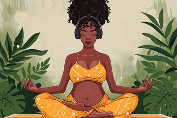 Illustration of pregnant woman in meditation pose doing prenatal yoga, wearing headphones, on abstract background promoting relaxation.

