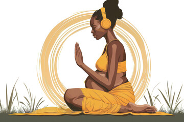 Illustration of pregnant woman in meditation pose doing prenatal yoga, wearing headphones, on abstract background promoting relaxation.
