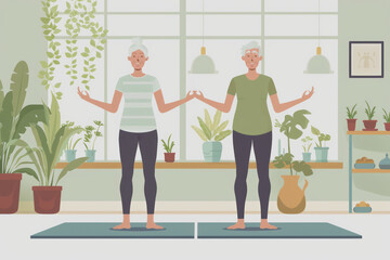 Senior active  practicing yoga in a studio, balancing in  pose near large windows with plants. Illustration in flat style.