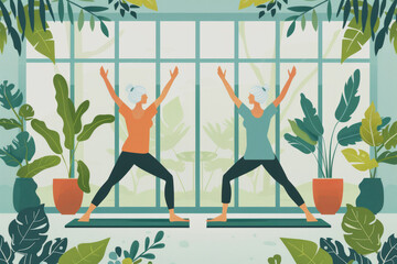 Senior active women practicing yoga in a studio, balancing in  pose near large windows with plants. Illustration in flat style.
