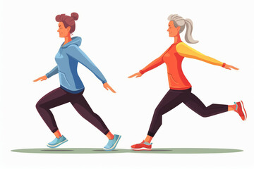 Illustration of  Senior active women running side by side, wearing athletic wear and sneakers, workout sport fitness promoting fitness and a healthy lifestyle.