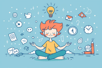 Illustration of a woman meditating surrounded by floating icons symbol ideas, creativity, creative project and productivity. Modern banner of brainstorming with flat illustration.